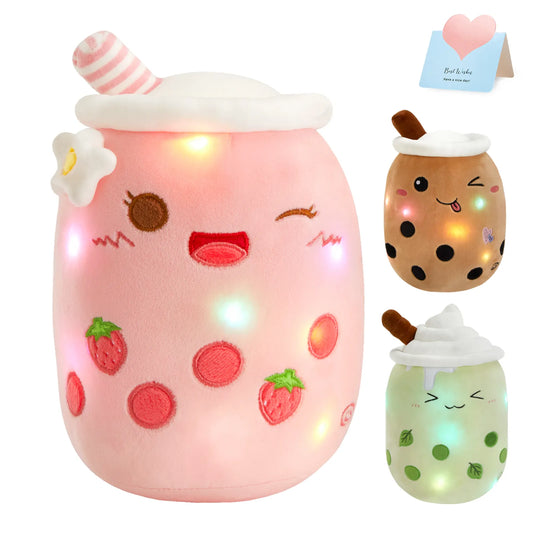 26-38cm LED Light Milk Bubble Tea Doll Plush Toy Green Pink Soft Cute Throw Pillows Strawberry Stuffed Animals for Girls Birthday Gift