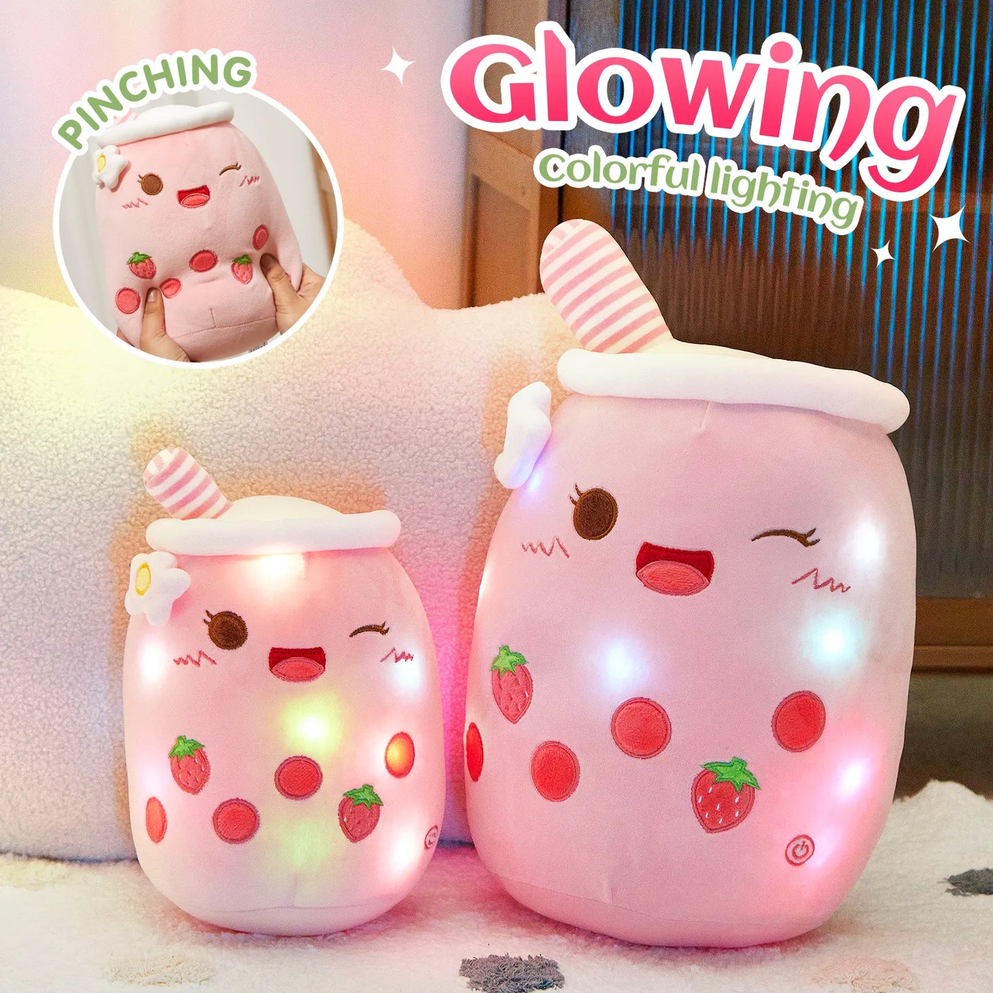 26-38cm LED Light Milk Bubble Tea Doll Plush Toy Green Pink Soft Cute Throw Pillows Strawberry Stuffed Animals for Girls Birthday Gift