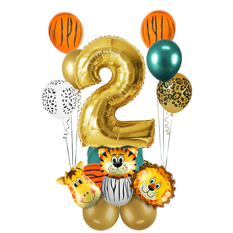 18Pcs Jungle Animal Balloons Set Chrome Metallic Latex Balloon 32inch Gold Number Globos Kids Birthday Party Baby Shower Decor