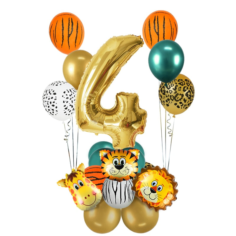 18Pcs Jungle Animal Balloons Set Chrome Metallic Latex Balloon 32inch Gold Number Globos Kids Birthday Party Baby Shower Decor