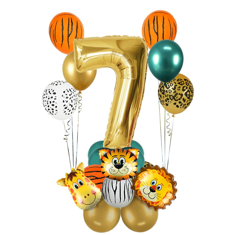 18Pcs Jungle Animal Balloons Set Chrome Metallic Latex Balloon 32inch Gold Number Globos Kids Birthday Party Baby Shower Decor