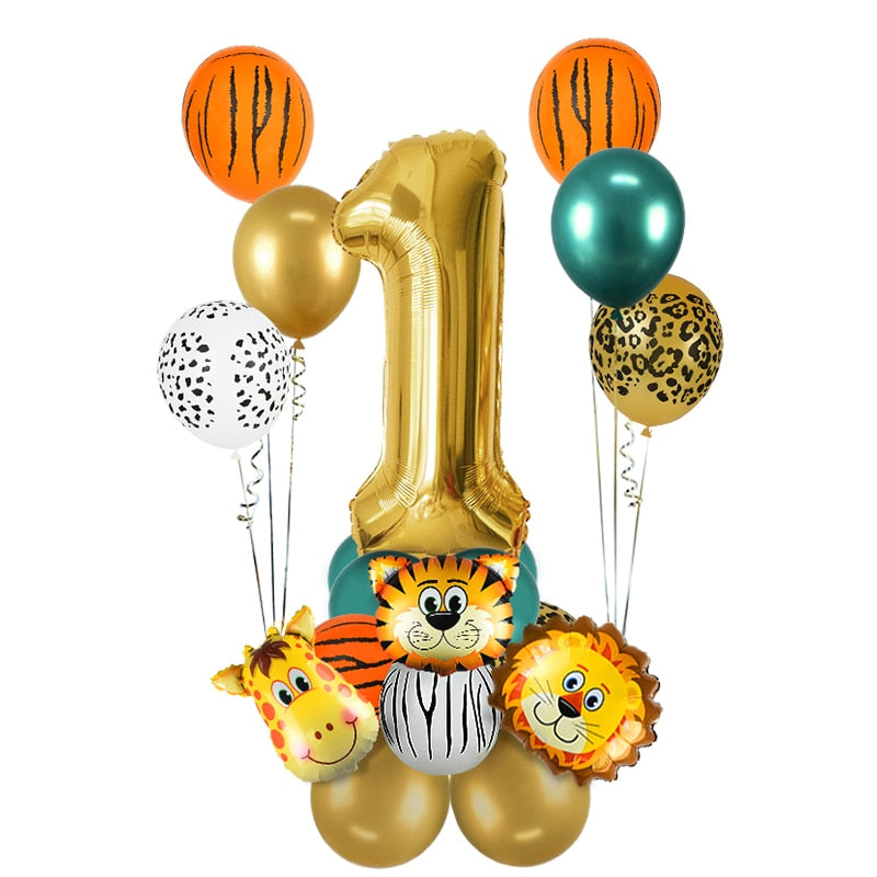 18Pcs Jungle Animal Balloons Set Chrome Metallic Latex Balloon 32inch Gold Number Globos Kids Birthday Party Baby Shower Decor