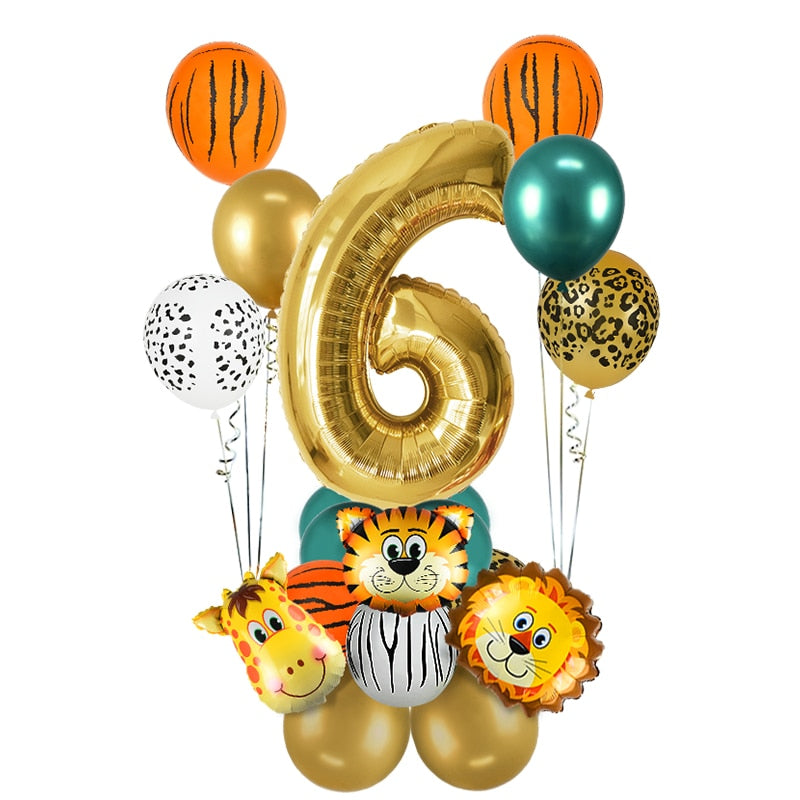 18Pcs Jungle Animal Balloons Set Chrome Metallic Latex Balloon 32inch Gold Number Globos Kids Birthday Party Baby Shower Decor