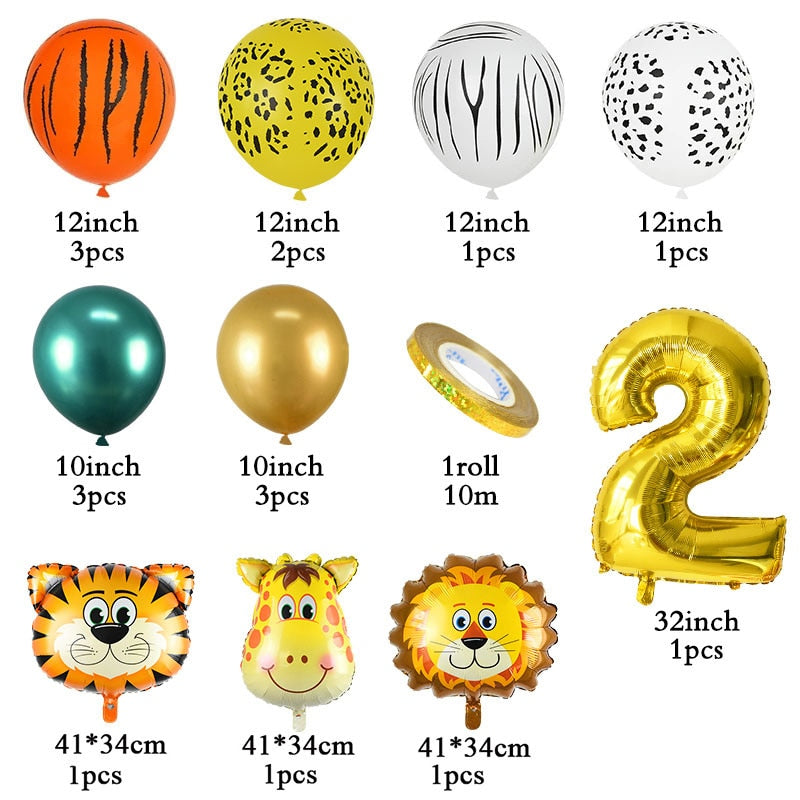 18Pcs Jungle Animal Balloons Set Chrome Metallic Latex Balloon 32inch Gold Number Globos Kids Birthday Party Baby Shower Decor