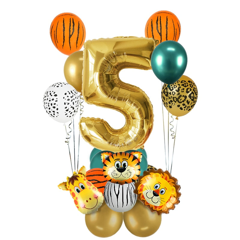 18Pcs Jungle Animal Balloons Set Chrome Metallic Latex Balloon 32inch Gold Number Globos Kids Birthday Party Baby Shower Decor